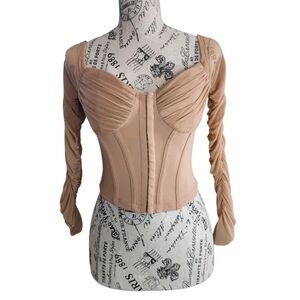Windsor Tan Ruched Mesh Long Sleeve Corset Top Size XS (No Size Tag)